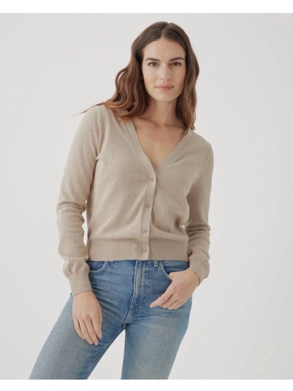 Pact Wheat Heather Classic Fine Knit Cardigan V-neck Womens Size Medium